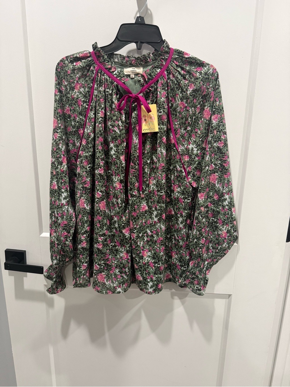 Entro Green Floral Blouse with Pink Trim and Tie Neck